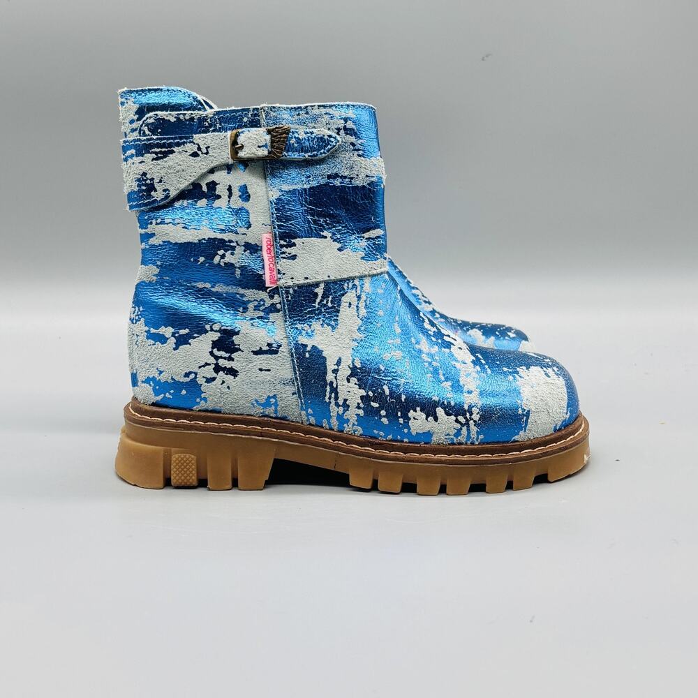 Roberto Cavalli Boots Girls 11 Blue Metallic Angels Combat Zipper Lug Sole Shoes